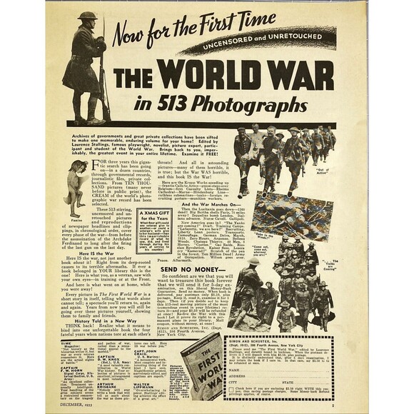 Simon and Schuster "Now: The World War in 513 Photographs" Vintage Print Ad 1933 - Picture 1 of 3